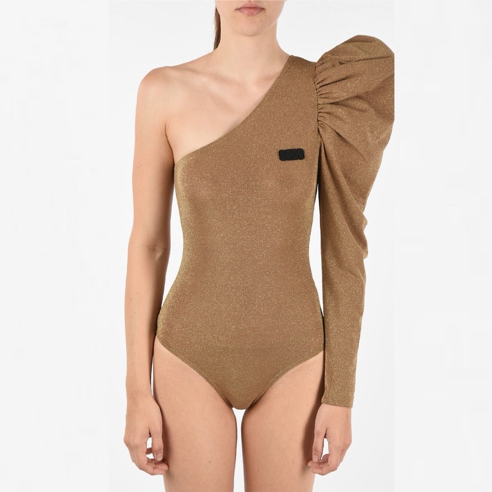 GCDS 70’s Gold Glitter One-Shoulder Bodysuit